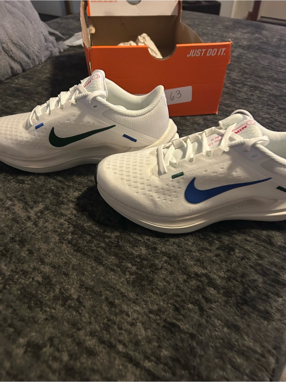 Nike White Running Shoes with Green and Blue Swooshes - Picture 2 of 8